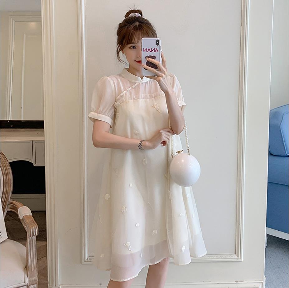 M 5l ゆったり 大きいサイズ 胸元フリル 花柄刺繍 チャイナ風ドレスワンピース T Paigebird Com