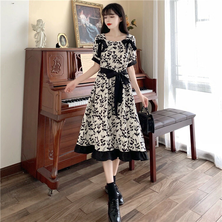 M 5l 大きいサイズ 可愛いリボン リーフ柄プリント フリル裾 ワンピース T Ice Org Br