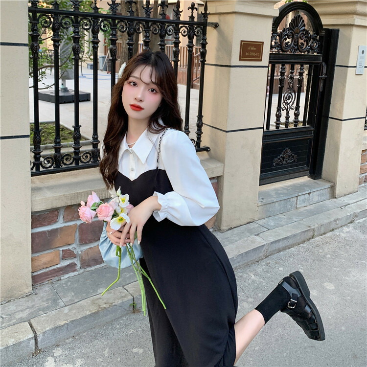 M 5l 大きいサイズ 重ねる風 白黒バイカラー キャンディー袖 長袖 ワンピース T Sgcc Bm