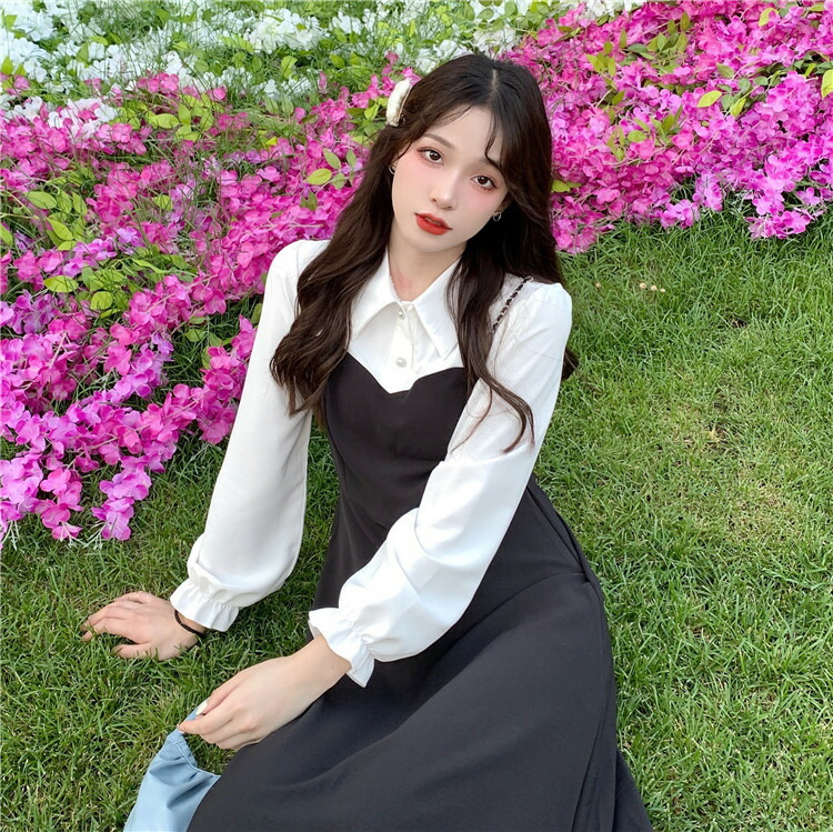 M 5l 大きいサイズ 重ねる風 白黒バイカラー キャンディー袖 長袖 ワンピース T Sgcc Bm