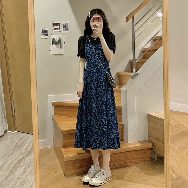 L 5l 大きいサイズ パフスリーブtシャツ ウエスト伸縮ゴム 花柄プリントワンピース 2set T Ice Org Br