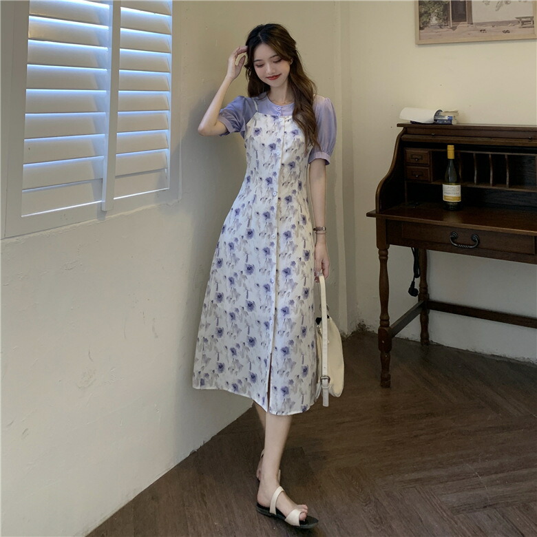 L 5l 大きいサイズ パフスリーブワンピースブラウス 前スリット入り 花柄キャミワンピース2set T Ice Org Br