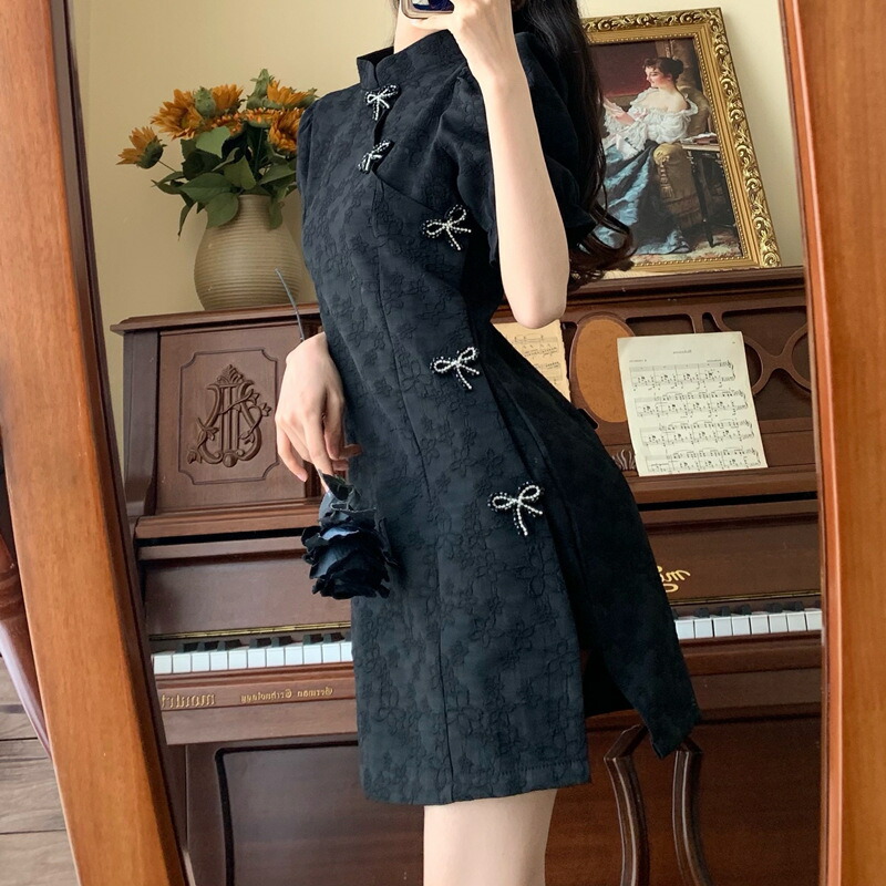 信頼 M 5l 大きいサイズ 可愛いリボンボタン ジャガード織 チャイナ風ドレス パフスリーブワンピース ス K T Chou Baku An Kanematsuusa Com