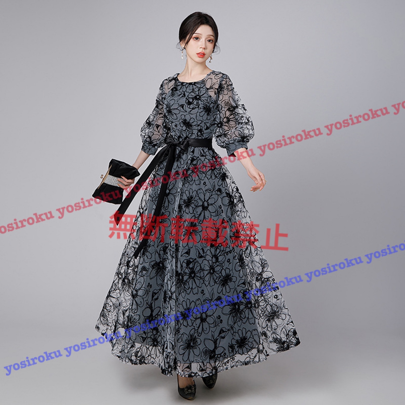 オシャレ花柄パフスリーブドレス (T)
