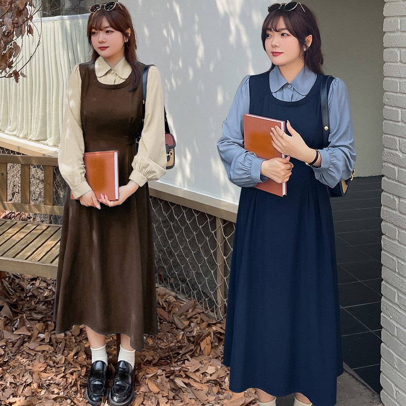 学生風 可愛い丸襟 バイカラー 異素材切替 ハイウエストワンピース (T)