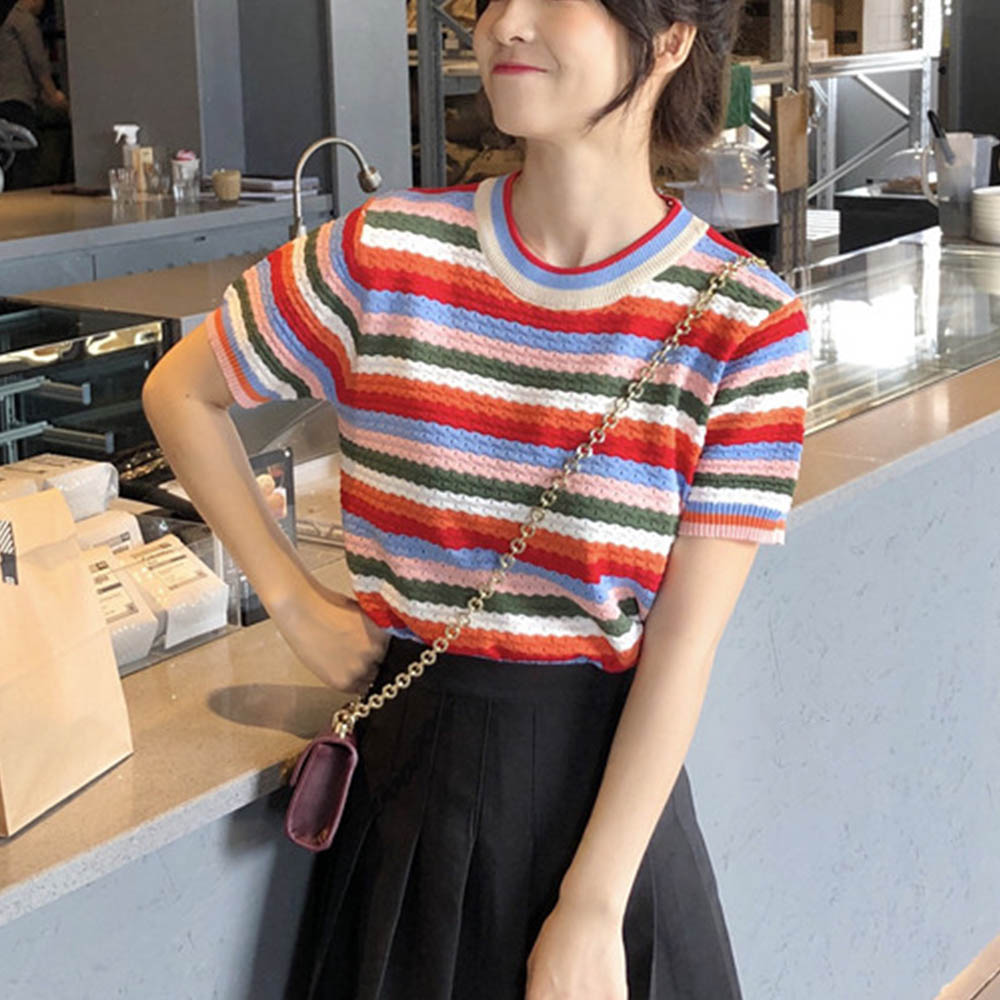 トップス サマーニット ボーダー カットソー 半袖 レディース カラフル プルオーバー T Giosenglish Com