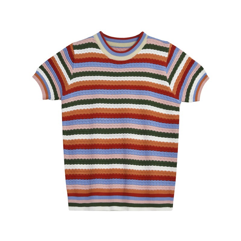トップス サマーニット ボーダー カットソー 半袖 レディース カラフル プルオーバー T Giosenglish Com