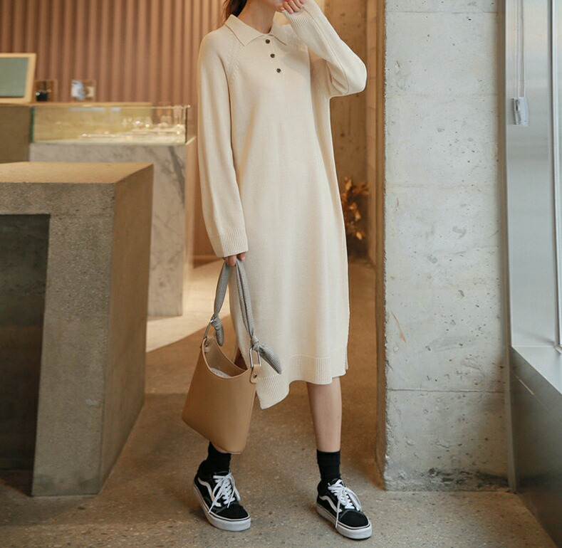 楽天市場 ジャージワンピース 折り襟 長袖 スカート ニット レディース 韓国ファッション T グリンファクトリー