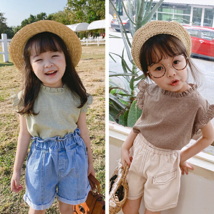 子供服 ガールズ 女の子 服 韓国ファッション チェック柄 ノースリーブーブ シャツ 上着 キッズ 歳 T Educaps Com Br