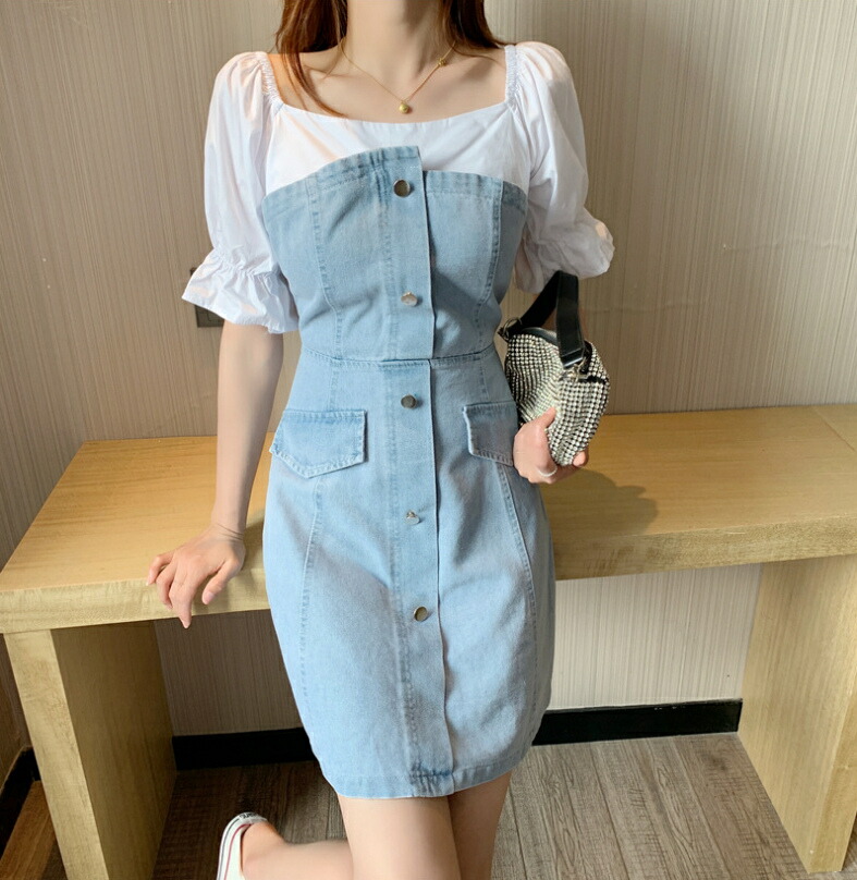 デニム ワンピース パフスリーブ スリム スカート 韓国ファッション レディース T Butlerchimneys Com