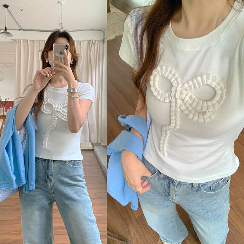 楽天市場】リボンTシャツ リボン 刺繍 Tシャツ りぼん リボン