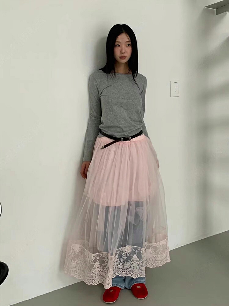 チュールロングスカート レディース 韓国ファッション デザイン レース (T)