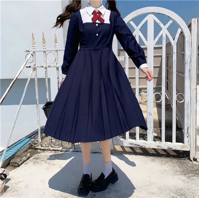 楽天市場 レディース 長袖 ロングワンピース Aライン セーラー プリーツワンピース クラシカル T グリンファクトリー
