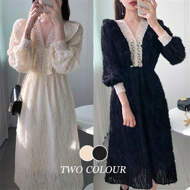 アンティーク調ワンピース フリア付け 甘い宮廷風 Vネック 上品な レース T Marcsdesign Com