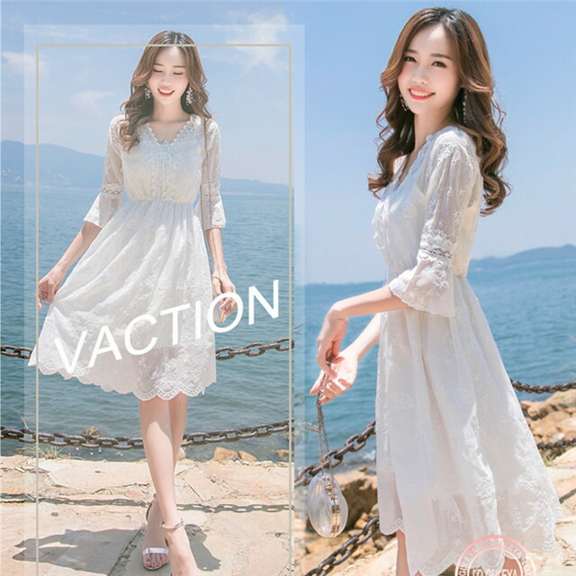 レディース ビーチ一静謐 旅ワンピ 競 伍つh舞台の袖 ロング背丈 フォトグラフ撮る T レディース ビーチワンピース 旅行ワンピ レース 五分袖 ロング丈 写真撮影 Damienrice Com
