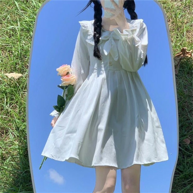 レディース 長袖ワンピース フリル袖 可愛いワンピ 蝶結び フレアワンピース 洋服 T Escuelapac Cl