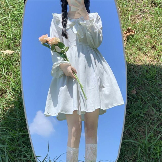 レディース 長袖ワンピース フリル袖 可愛いワンピ 蝶結び フレアワンピース 洋服 T Liceochiloe Cl