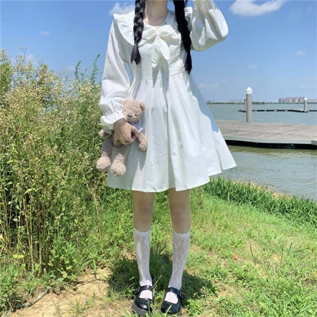 レディース 長袖ワンピース フリル袖 可愛いワンピ 蝶結び フレアワンピース 洋服 T Escuelapac Cl