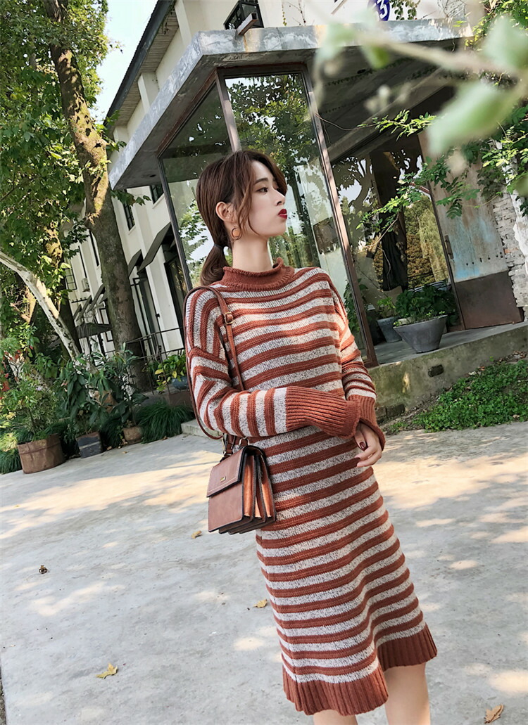 で 韓国ファッション 女性 ワンピース 長いセクション 縞模様 セーター T Educaps Com Br