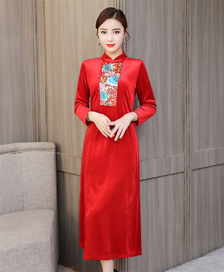 ワンピース中国の風民族風刺繍ベルベット長袖スリムフィットaラインワンピース T Crunchusers Com