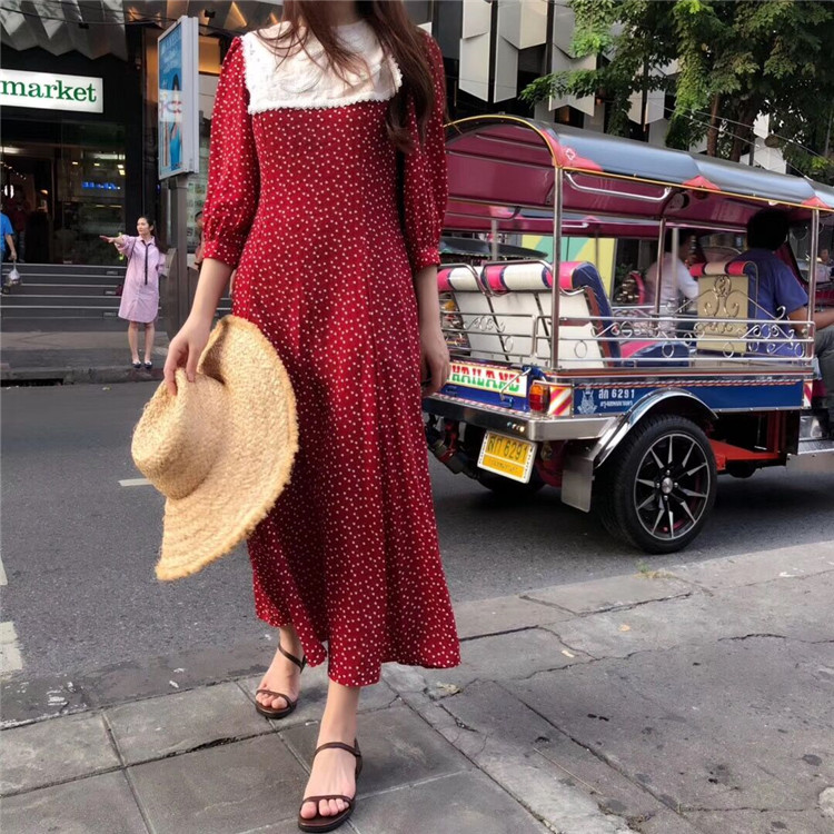 韓国流行り物流行縫好い目ミニドットロングワンピース T Fecdas Cat