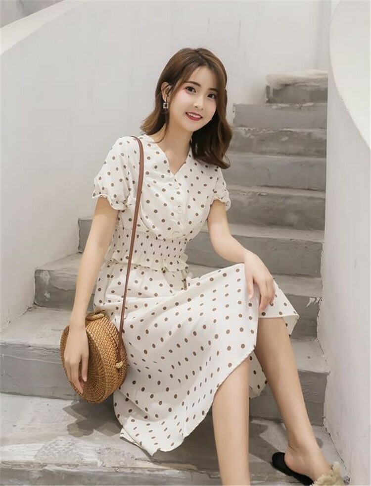 5月代 韓国ファッションレトロvネックドットスリムフィット2条項背景衣 T Hotjobsafrica Org