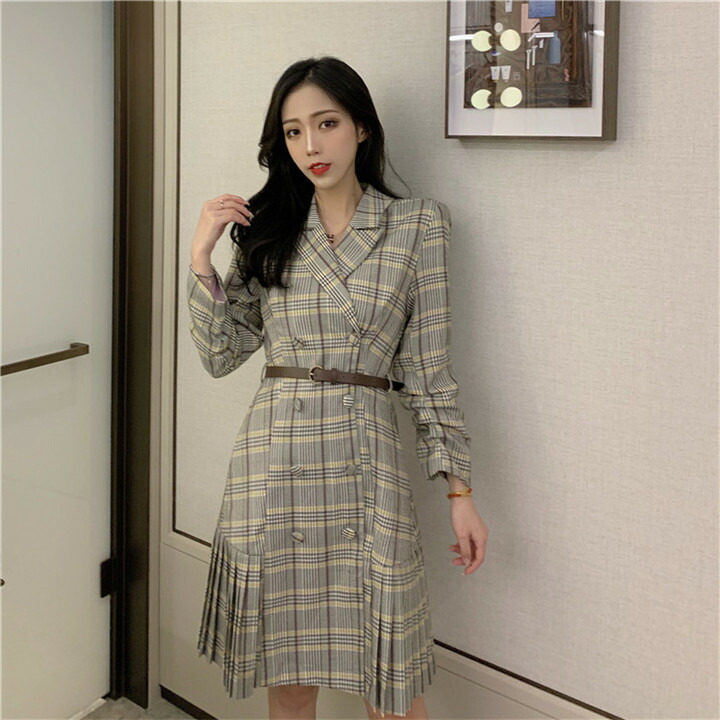 レディース 可愛い系 プリーツスカート 長袖 レトロ チェック柄 スーツ ワンピース T Marcsdesign Com
