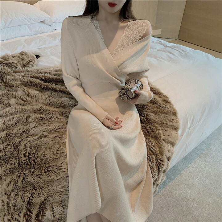 セクシー エレガント 交差する Vネック レース ニットワンピース ロングスカート T Educaps Com Br