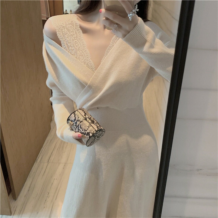 セクシー エレガント 交差する Vネック レース ニットワンピース ロングスカート T Educaps Com Br