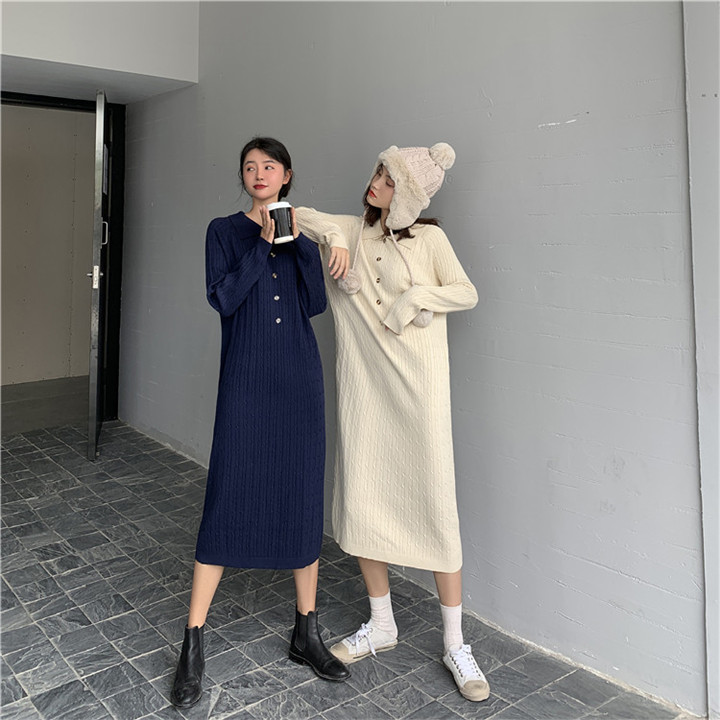 コーデにぴったり 厚手 カレッジ風 長袖 ワンピース ニットワンピース ラペル T Educaps Com Br