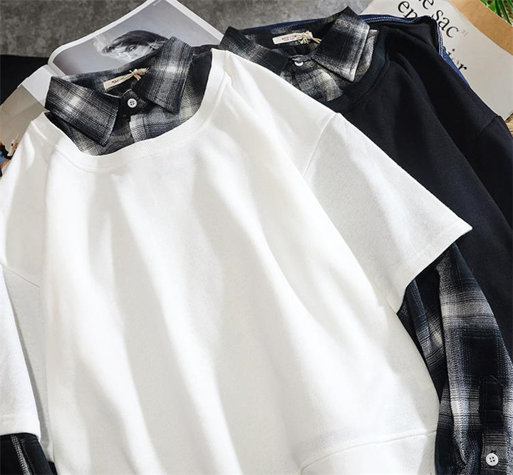 に高くえる Tシャツ 韓国 トレンド 偽の二つ ゆったり メンズ チェック柄 縫付 トップス T Educaps Com Br