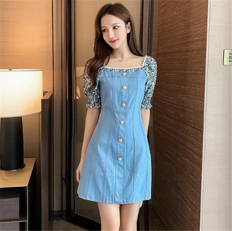 雑誌で掲載 花柄 スクエアネック パフスリーブ デニムワンピース T Concertideas Com