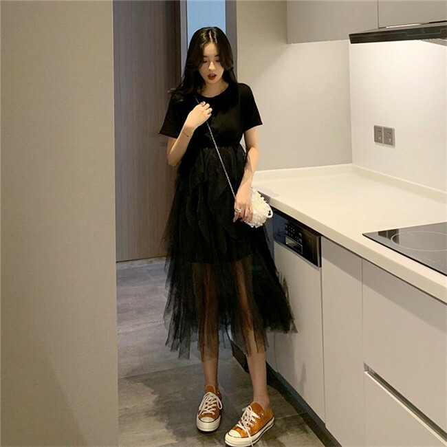 大人っぽい 的 2カラー 半袖ワンピースチュール切り替えハイウエスト無地可愛い系 カレッジ風 T Korkmazmauritius Com