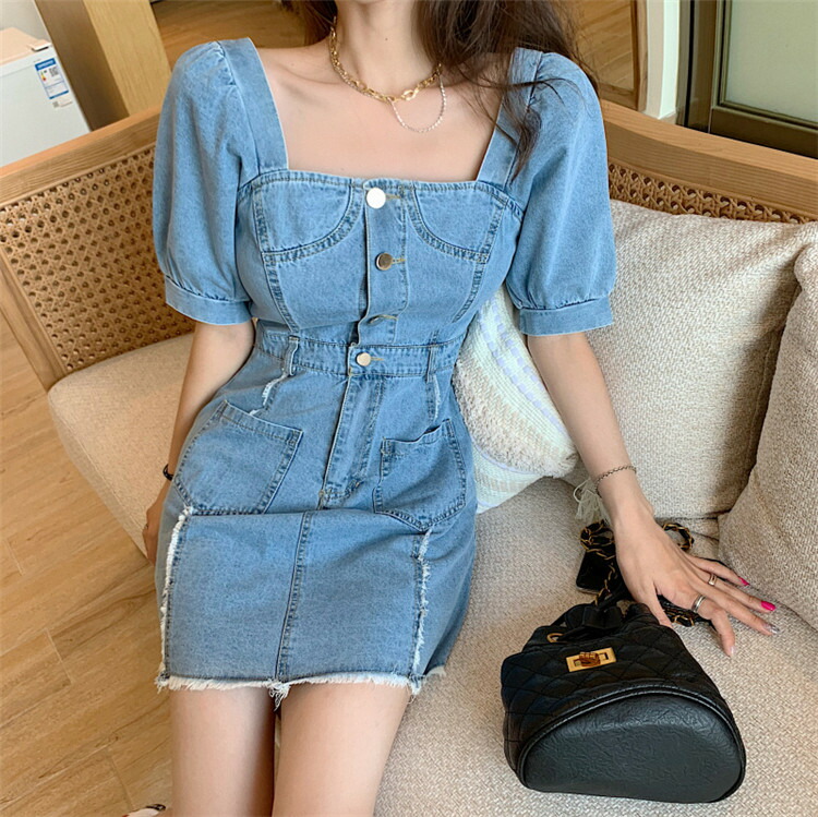 雑誌や 韓国ファッション フレンチ スクエアネック パフスリーブ ギャザリング デニム ワンピース T Marcsdesign Com