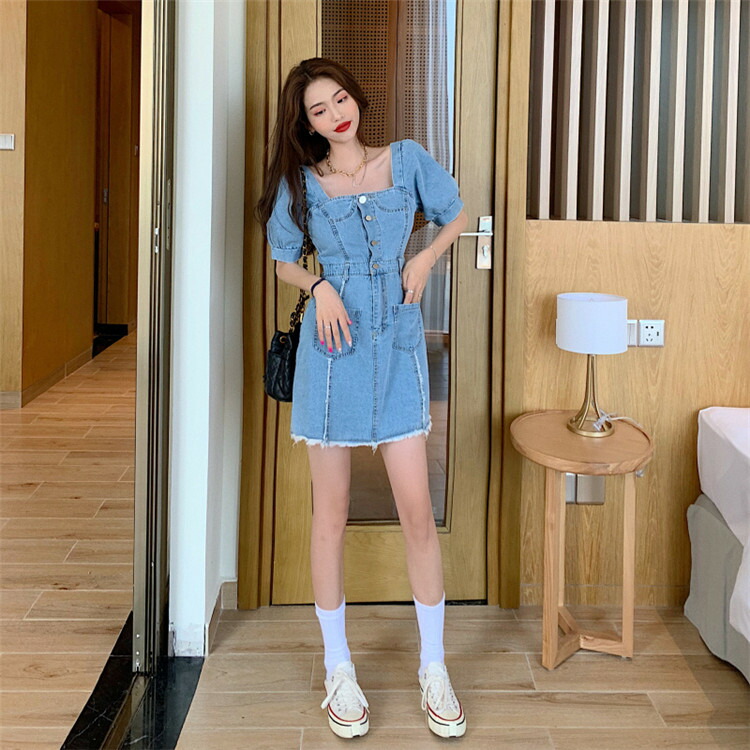 雑誌や 韓国ファッション フレンチ スクエアネック パフスリーブ ギャザリング デニム ワンピース T Marcsdesign Com