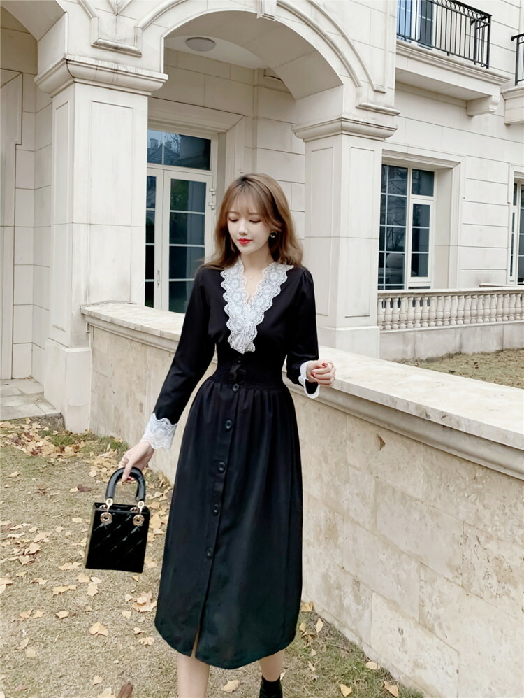 韓国ファッション レトロ ワンピース Vネック Aライン ハイウエスト T Jurisaxis Com