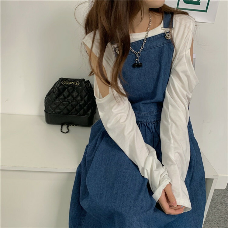 韓国ギャザリング デニム サスペンダースカート 可愛い系 中 長セクション T Giosenglish Com