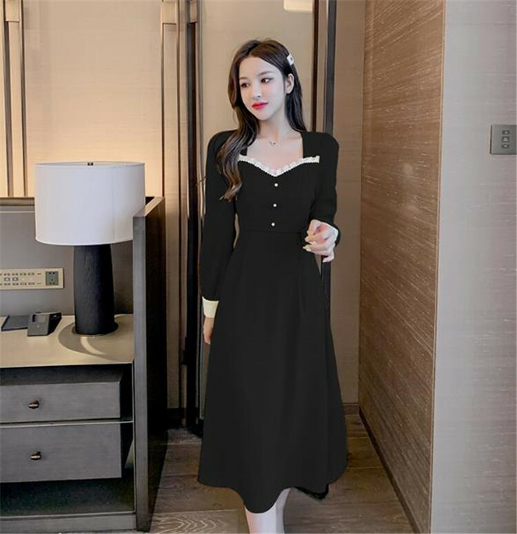 韓国ファッション 真珠 スクエアネック ワンピース Aライン 中 長セクション T Concertideas Com