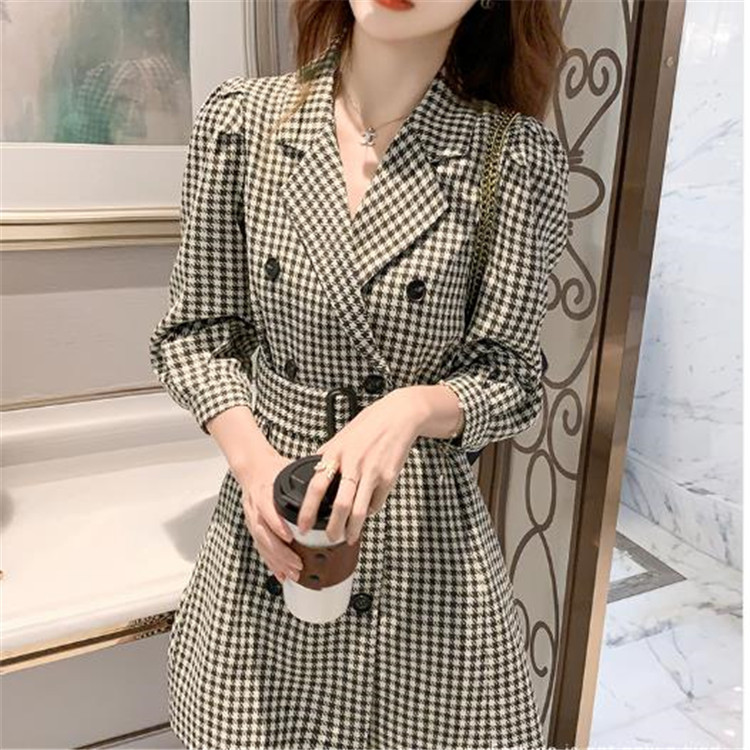 ダブルボタン スーツ コート 女性 腰を括る 千鳥格子 パフスリーブ ワンピース ミニスカート T Marcsdesign Com