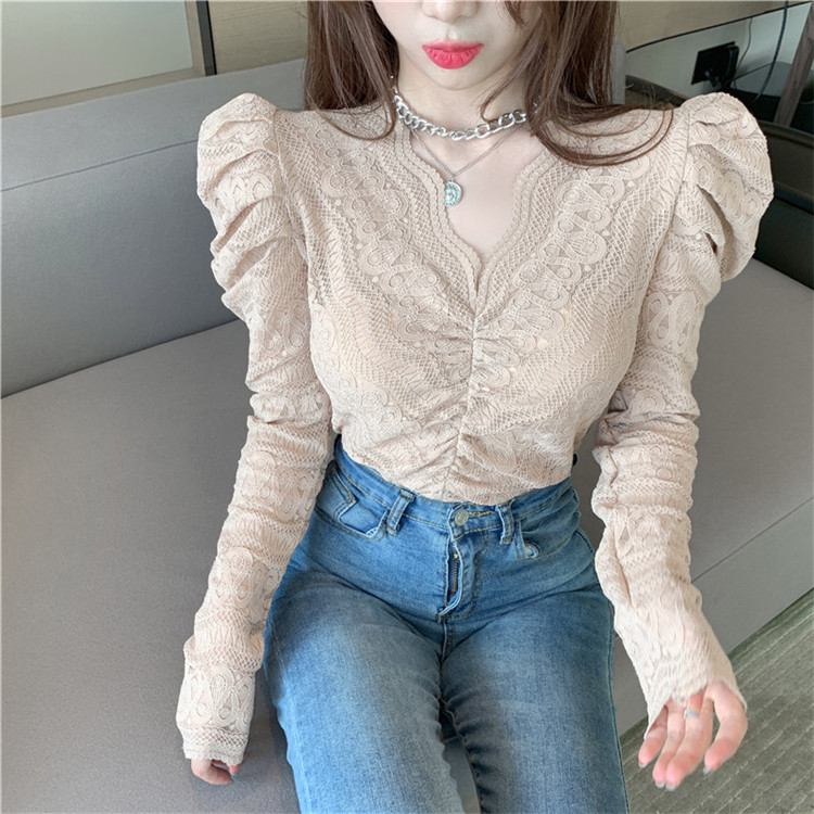 楽天市場 韓国ファッション セクシー Vネック 透け感 レース シャツ トップス 女性 パフスリーブ T グリンファクトリー