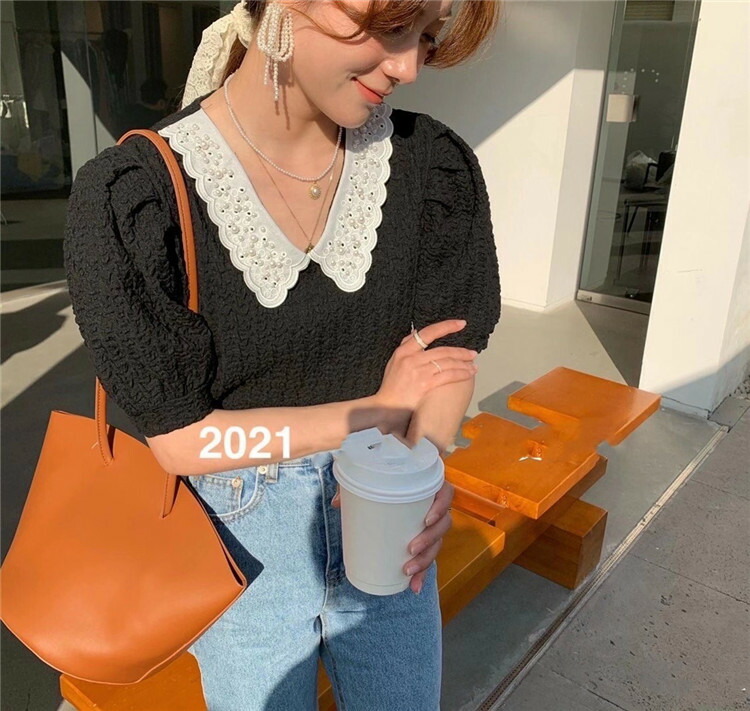 あらゆるコーディネート韓国ファッション 人形の襟 シャツ エレガント 可愛い系 ブラウス T Concertideas Com