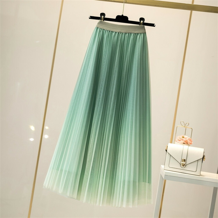 プリーツ グラデーションカラー レーヨン 伸縮性ウエスト スカート ミドル丈(T)