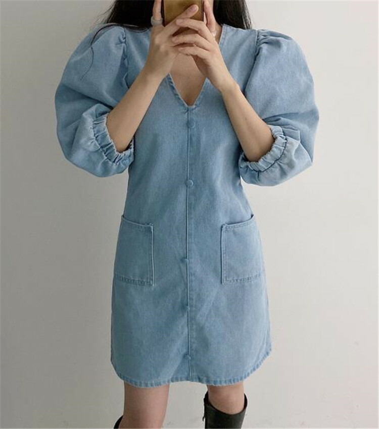 パフスリーブ デニム ワンピース ショート丈 カジュアル スリム 可愛い系 T septicin Com