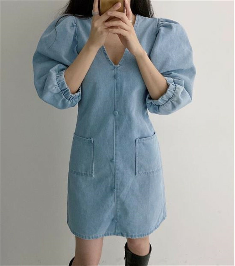 パフスリーブ デニム ワンピース ショート丈 カジュアル スリム 可愛い系 T septicin Com