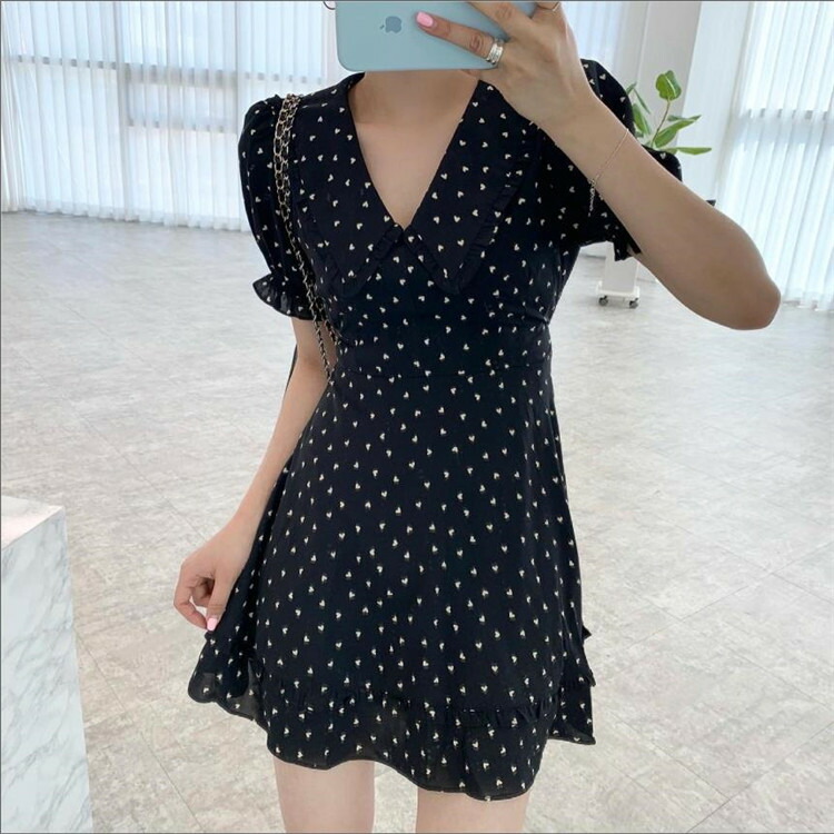 Vネック パフスリーブ ワンピース 韓国 婦人服 サマースタイル 可愛い系 ショート丈 T Korkmazmauritius Com