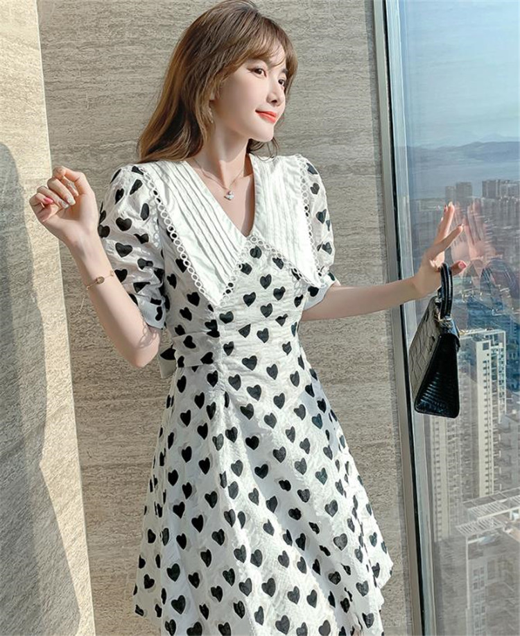 韓国ファッション 可愛い系 パフスリーブ 人形の襟 蝶結び ハート形 ドット ワンピース T Giosenglish Com