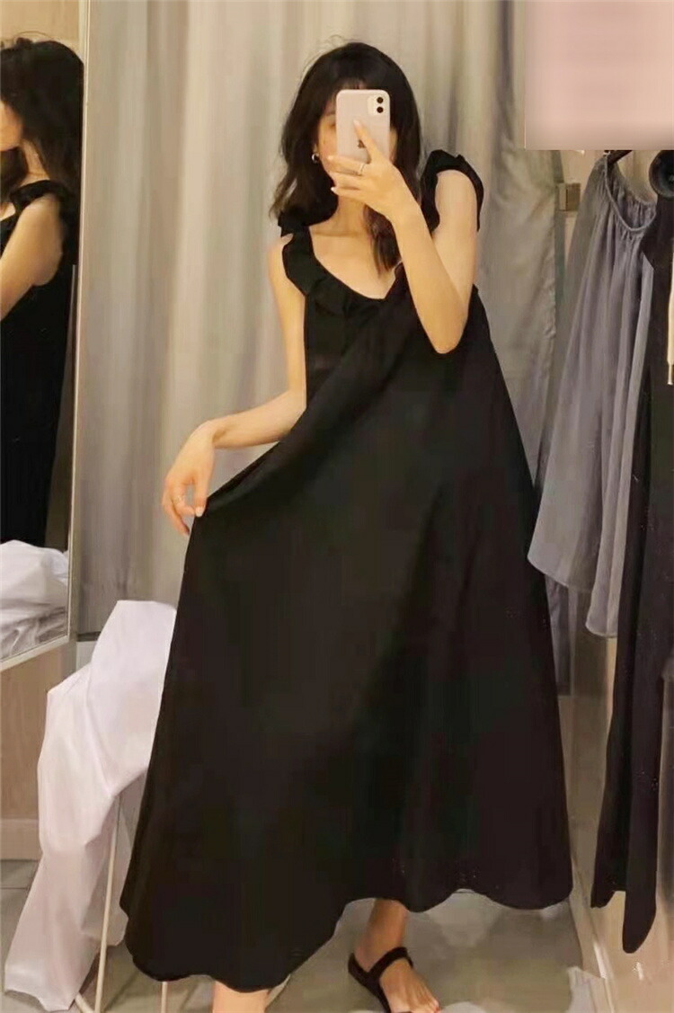 蓮の葉飾り 背中透け感キャミワンピ ピュアカラー ベアトップ ロングセクション T Concertideas Com