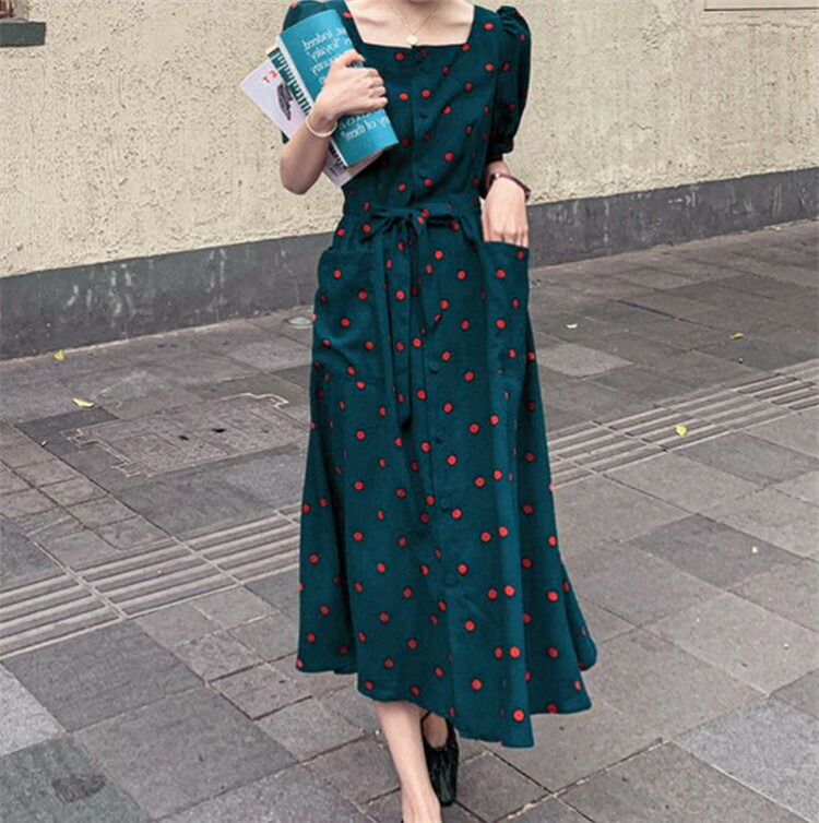 韓国ファッション ハイウエストスカートミディアム丈 スクエアネック ドット ワンピース T Marcsdesign Com