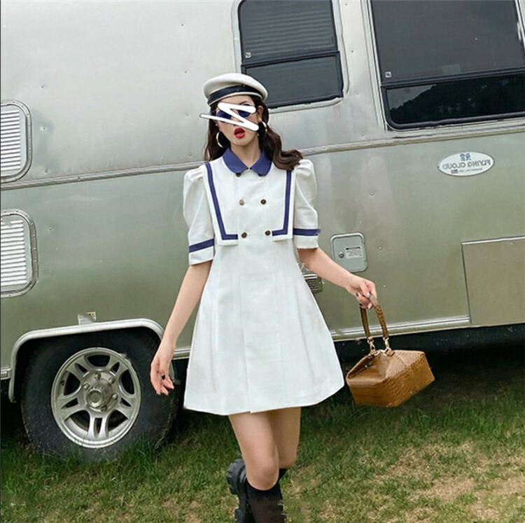 これがあれば コーデの幅が広がる 通勤 レトロ パフスリーブ ネイビーブルーのネック ワンピース T Psicologosancora Es