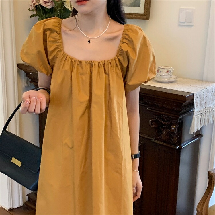 かわいい 可愛い系 背中透け感スクエアネック プリーツ ゆったり パフスリーブ ワンピース T Liceochiloe Cl